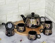 Amazecart Hand Made Designer Ceramic Glossy Black Alive Printed Transfer Morning Tea/Coffee Set of 7 Pcs(6 Cups & 1 Tea Pot)