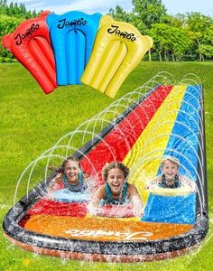 JAMBO 16Ft Premium 3 Lane Slip Splash and Slide with Bodyboards, Heavy Duty Water Slide- Advanced 3-Way Sprinkler System, Splash Mat Splash Pad Backyard Waterslide Outdoor Water Toys n Slides for Kids