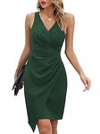 oten Womens Sleeveless Deep V-Neck Asymmetrical Bodycon Cocktail Party Dresses Knee Length Sheath Wedding Semi Formal Faux Wrap Dress Dark Green L