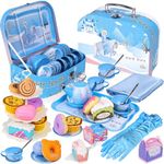 PRE-WORLD Tea Party Set for Little Girls, 46Pcs Princess Tea Time Toy Including Dessert,Cookies,Doughnut,Teapot Tray Cake,Tablecloth,Gloves & Carrying Case,Kitchen Pretend Play for Girls Boys Age 3-6