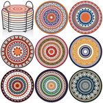 EZYHOME Absorbing Stone Mandala Ceramic Coasters for Drinks Cork Base with Holder, for Friends Funny Birthday Housewarming Apartment Kitchen Bar Decor,Suitable for Wooden Table,Coffee Table,Set of 8