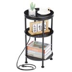 Small Round End Table with Charging Station for Small Space, 3 Tier Round Side Table Couch Beside Table with USB Ports & Power Outlets,Sofa Side Table for Living Room Bedroom