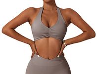 FEOYA Low Impact Backless Sports Bra for Women V Neck Ruched Halter Yoga Bra Cropped Tank Tops Open Back Low Impact Buttery Soft Workout Bra