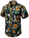 HISDERN Men Funky Hawaiian Floral Shirts Short Sleeve Front Pocket Holiday Summer Aloha Printed Beach Casual Black Orange Hawaii Flower Shirt XL