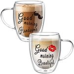 Double Walled Glass Coffee Cups for Couples, Insulated Latte Glasses Couple Mugs Set of 2, Mug Tea Cups with Handles, Heat Resistant, 350ml Cappuccino Espresso Cup