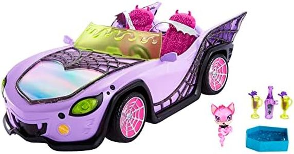 Monster High - Mostromobile, macchina giocattolo con animale, accessorio e ghiacciaia portatile, cabrio viola con dettagli a ragnatela, Giocattolo per Bambini 4+ Anni, HHK63