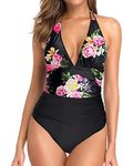 Holipick Floral Halter One Piece Swimsuits for Women Tummy Control V Neck Ruched Backless Bathing Suits S