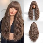 Esmee Long Curly Light Brown Wigs with Bangs,Wig for Women Wig Synthetic Hair Wig for Daily Party Cosplay Use-26 Inches