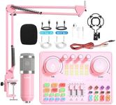 Bonkyo Podcast Equipment Bundle: Audio Interface & DJ20 Mixer with XLR Mic, Voice Changer, 2400mAh Battery for Podcasting, TikTok Live Streaming, and Gaming (Pink)