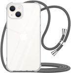 YESPURE for iPhone 13 Clear Case with Adjustable Neck Cord Lanyard Strap,Soft Slim Transparent TPU Anti-Yellowing Shockproof Phone Cover Case for iPhone 13 with Crossbody Shoulder Strap - Gray