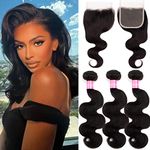 Lovenea Body Wave Bundles with Closure Brazilian Human Hair 3 Bundles with Closure(16 18 20+14) Body Wave 100% Unprocessed Virgin Hair Bundles with 4x4 Lace Closure Free Part Natural Black Color (16 18 20+14, 1B#)