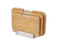 Joseph Joseph Nest™ Boards 3-Piece Bamboo Wood Chopping Board Set, Double-Sided, Non-Slip Feet, Stainless-Steel Tabs, Food Icons, Metal Stand