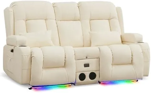 URRED Power Loveseat Recliner Sofa with Vibrating Massage and Heat, Home Theater Seating RV Couch with Flipped Backrest Console, LED Light, Bluetooth Speakers, USB, Outlets (Faux Leather, Beige)