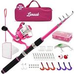 Lanaak Kids Fishing Pole and Tackle Box - with Net, Travel Bag, Reel and Beginner’s Guide - Rod and Reel Kit for Boys, Girls, or Youth (Pink - Open Reel)