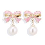 Gold Pearl Bow Earrings For Women Trendy Pink Coquette Drop Stud Ribbon Silver Earrings Dangle Jewelry - Unique Gifts For Wife Valentines Day Preppy Cute Teen Girls Accessories 2024, Zinc, Pearl