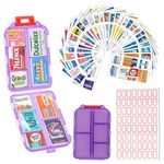 BBKON DIY Travel Pill Organizer with 260 Labels, 10 Compartments Pocket Pharmacy with Medicine Labels, Portable Daily Medication Container Case for Travel Essentials Weekly Medical Box (Purple)