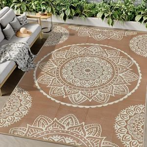 Famibay Extra Large Outdoor Rug 270 x 365 cm Garden Rugs Outdoor Waterproof Plastic Straw Reversible Garden Rug for Patio Portable Indoor Area Rug for RV Camping Balcony Brown Beige