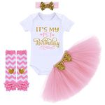 It’s My 1/2 / 1st / 2nd Birthday Outfit Baby Girls Romper + Ruffle Tulle Skirt + Sequins Bow Headband + Leg Warmers Socks Party Dress up Costume 4Pcs Photo Cake Smash Clothe Set Pink 1 Year