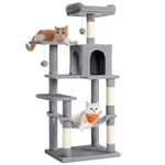 Feandrea Cat Tree Tower, 143 cm Multi-Level Cat Condo with 4 Scratching Posts, 2 Perches, Hammock, Cave, Light Gray