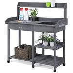 Yaheetech Garden Potting Table Wood Potting Bench Removable Sink Drawer Planting Germination Workstation w/Open Shelves & Side Hooks for Patio Balcony Yard Lawn-Grey