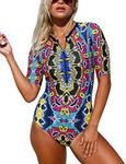 Bsubseach Swimwear Women Rash Guard Zip Up Swimsuit Swim Suit Tummy Control Bathing Suits Print XL