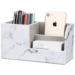 KINGFOM PU Leather Desk Organizer Pen Pencil Holder Business Name Cards Remote Control Holder (S-Gray Marble Pattern)