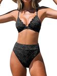 CUPSHE Bikini Set for Women Bathing Suit High Waisted Scalloped V Neck Two Pieces Swimsuit, Black, Large