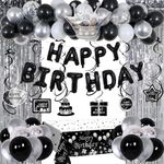 Black and Silver Birthday Decorations for Men Women, Happy Birthday Decorations for Boys Girls, Black and White Birthday Party Decorations Foil Balloons Fringe Curtains Tablecloth Hanging Pendant