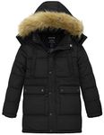 Wantdo Boy's Mid-Long Warm Winter Coat Quilted Fleece Lined Puffer Jacket with Detachable Fur Hood, Black, 14-16