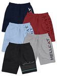 HELLCAT Pack of 5 Trendy Typographic Printed Mid Rise Shorts for Boys - Black/Grey Melange/Sky Blue/Maroon/Navy Blue / 5-6 Years