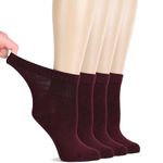 HUGH UGOLI Women Diabetic Ankle Socks, Super Soft & Thin Bamboo Socks, Wide & Loose, Non-Binding Top & Seamless Toe, 4 Pairs, Burgundy, Shoe Size: 10-12