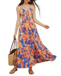 GRACE KARIN Women Sleeveless Maxi Bohemian Floral Dress Evening Party Beach Vacation Maxi Dress Spaghetti Strap Sundress Orange and Blue Print L