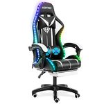 RGB Gaming Chair with LED Lights and Massage Ergonomic Computer Chair High Back Video Game Chair with Footrest and Adjustable Lumbar Support Linkage Armrest White and Black