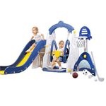 6-in-1 Slide and Swing Set with Basketball Hoop,Football Gate and Golf Set for Indoor & Backyard (Blue, Large)