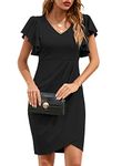 ihot Cocktail Dress for Women Wedding Guest V Neck Ruffle Sleeve Sheath Faux Wrap Ruched Bodycon Knee Length Party Cocktail Club Night Funeral Dresses,Black,Small