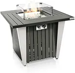 SereneLife Outdoor Propane Fire Pit Table - CSA/ETL Certified 50,000 BTU Pulse Ignition Weatherproof Square Propane Gas Fire Table w/ Adjustable Flame - Glass Wind Guard, Glass Rocks - SLFPX69