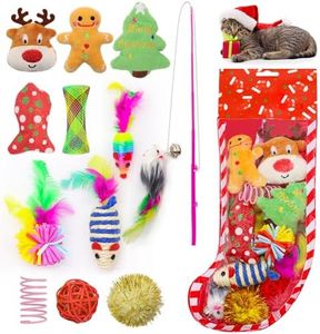 Auliand 12Pcs Christmas Stocking Cat Toys, Xmas Cat Toys Set with Catnip Plush Toy, Mice Feather Toys, Cat Wand, Pet Supplies for Kitten Toys Interactive Play Indoor Cats Christmas Decorations
