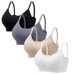 HBselect 4 Pack Non Wired Bras for Women V Neck Wireless Bralettes Seamless T-Shirt Bras with Removable Pads Wirefree Bras for Ladies Girls Black/White/Beige/Grey Blue