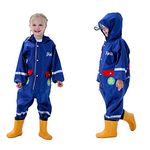 Baogaier Boys Rainsuit Blue Raincoat Hooded Rain Waterproof Puddle Suit Jumpsuit Rainwear Reflective Poncho Coverall Airplane Print with Transparent Hat Brim Jacket Pants Children Kids Age 4-6 Years