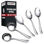 AXIOM Stainless Steel Serving Tools 5 Piece Heavy Gauge Non-Stick Set of 2 Soup Ladle (Karchi), 2 Solid Spoon (Chamcha) and 1 Rice Spoon for Serving Soup/Curry/dal/Rice/Pasta