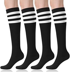 FITRELL 4 Pack Women's Knee High Socks Cotton Tube Stripe Long Socks, Black+White, For Halloween Christmas Baseball Softball Soccer