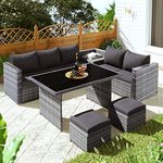 Merax Rattan Corner Sofa Garden Furniture Set,Outdoor Patio Dining Set,Rattan Corner Garden Sofa Furniture Set (Grey, set15)