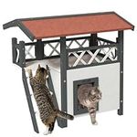 PawHut Cat House Outdoor Kitten Shelter Puppy Kennel with Balcony Stairs Asphalt Roof, 77 x 50 x 73 cm, White