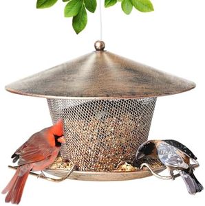 Samhe Bird Feeder for Outdoor Squirrel Proof Weatherproof All Metal Hanging Wild Bird Feeder with 9.8" Roof, 3 LBs Seeds Capacity, Garden Yard Decoration