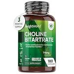 Vegan Choline Supplement 714mg - 3 Months Supply (180 Capsules) - Liver Supplements - Choline Bitartrate for High Absorption - Contributes to Metabolism (EFSA) - Choline Inositol Tablets Alternative