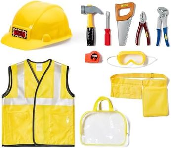BLUE PANDA - Kids Role Play Costume Set - 10-Piece Construction Worker Costume, Builder Dress Up Kit with Hard Hat, Tool Belt, Vest, and Other Accessories for Pretend, Halloween Dress Up