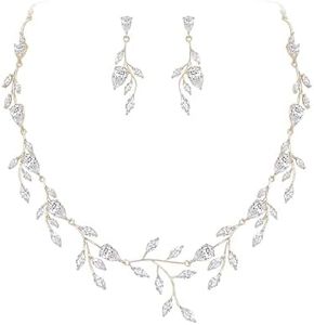 EVER FAITH Wedding Jewelry for Bride Women Bridesmaid, Sparkly Cubic Zirconia Pear-Shaped Birthstone Leaf Necklace Earrings Set for Prom Clear Gold-Tone