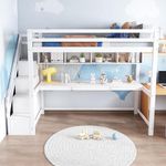 BTM 90 * 190cm Loft Bed, Single Bunk Bed with Large Desk and Shelves and Slatted Frame, Wooden Bunk Bed with Stairs, Kids Bunk Bed with Storage