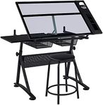 Yaheetech Drafting Table w/Stool Height Adjustable Multifunctional Art Craft Artists Desk Tilting Glass Tabletop Diamond Paintings Work Station w/2 Storage Drawers for Home Office