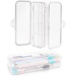 IBEQUEM 2Pcs Double Deck School Pencils Box, Plastic Capacity Pen Case with Snap Lid, Clear Plastic Stationery Box with 6 Compartments&4 Removable Ruler Dividing for School Supplies(Clear)